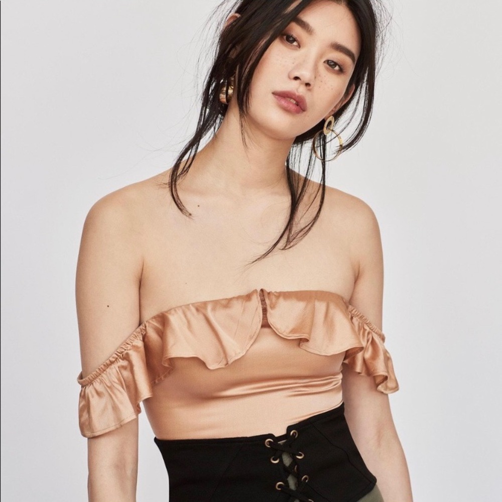 For Love & Lemons x Revolve Silk Blend Champagne Off-Shoulder Thong Bodysuit XS - Picture 2 of 13